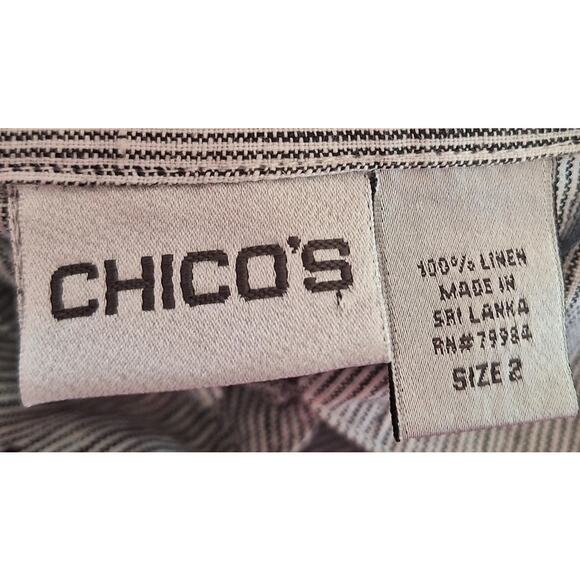 Chico's 2 Gray/ White Striped Linen  Button Front 3/4 Length Sleeve Blouse - Picture 4 of 5
